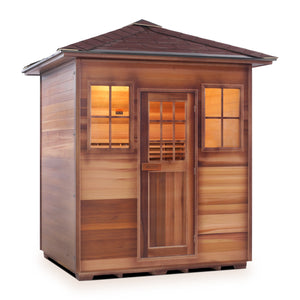Enlighten sauna SaunaTerra Dry Traditional MoonLight 4 Person Outdoor Sauna Canadian Red Cedar Wood Outside And Inside Double Roof ( Flat Roof + peak roof) isometric view