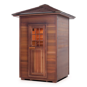 Enlighten sauna SaunaTerra Dry Traditional MoonLight 2 Person Outdoor Sauna Canadian Red Cedar Wood Outside And Inside Double Roof ( Flat Roof + peak roof) isometric view