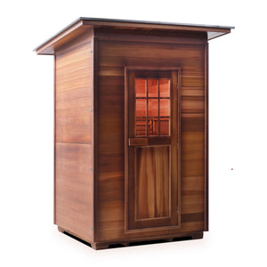 Enlighten sauna SaunaTerra Dry Traditional MoonLight 2 Person Outdoor Sauna Canadian Red Cedar Wood Outside And Inside Double Roof ( Flat Roof + slope roof) isometric  view