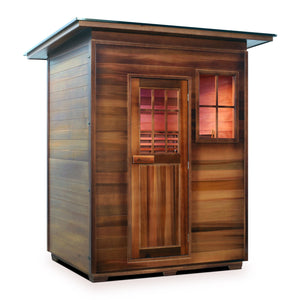 Enlighten sauna SaunaTerra Dry Traditional MoonLight 3 Person Outdoor Sauna Canadian natural red cedar wood Double Roof ( Flat Roof + slope roof) isometric view