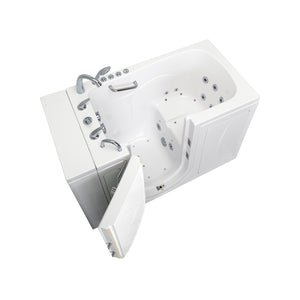 Ella Monaco 32"x52" Acrylic Air and Hydro Massage Walk-In Bathtub with Left Outward Swing Door, 5 Piece Fast Fill Faucet, 2" Dual Drain, 2 stainless steel grab bars, 23” wide seat, Composite and tempered glass outward swing door with door seal and ANTI-leak 3 latch system in a white background.