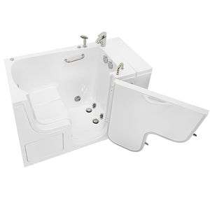 Ella Wheelchair Transfer 32"x52" Acrylic Hydro Massage Walk-In Bathtub with Right Outward Swing Door, 2 Piece Fast Fill Faucet, 2" Dual Drain,  24” wide seat, 2 stainless steel grab bars, L-shape wheelchair transfer outswing door in a white background.