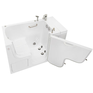 Ella Wheelchair Transfer 32"x52" Acrylic Hydro Massage Walk-In Bathtub with Right Outward Swing Door, Heated Seat, 2 Piece Fast Fill Faucet, 2" Dual Drain,  24” wide seat, 2 stainless steel grab bars, L-shape wheelchair transfer outswing door in a white background.