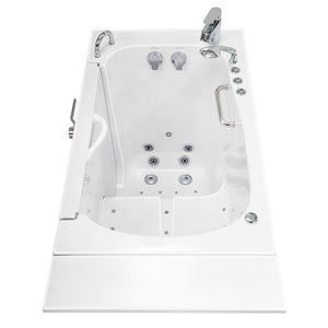 Ella Wheelchair Transfer 30"x52" Acrylic Hydro Massage Walk-In Bathtub - L-shape wheelchair, Cast acrylic high gloss finish, Rugged stainless steel frame, fiberglass gel-coat reinforced with 2-latch door lock system concealed with an acrylic decorative cover, Left side wheelchair accessible outward swing door with 2 stainless steel grab bars, 2 Piece Fast-Fill Faucet and multi-functional hand shower in chrome finish Walk-In Bathtub top view