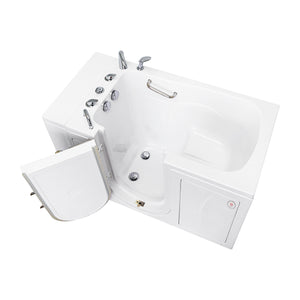Ella Capri 30"x52" Soaking + Heat Walk-In Bathtub with Left Swing Door, 5 Piece Fast Fill Faucet, 2" Dual Drain, 2 overflows, two 5 ft. incoming supply lines and 2 drain elbows, 2 stainless steel grab bars in a white background.