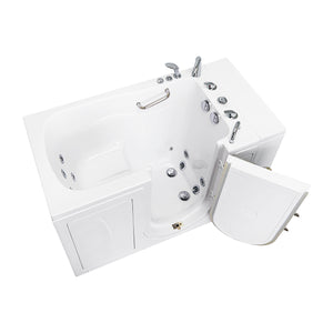 Ella Capri 30"x52" Acrylic Hydro Massage Walk-In Bathtub with Right  Swing Door, 5 Piece Fast Fill Faucet, 2" Dual Drain, 2 overflows, two 5 ft. incoming supply lines and 2 drain elbows, 2 stainless steel grab bars in a white background.