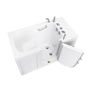 Ella Capri 30"x52" Soaking Walk-In Bathtub with Right Swing Door, 5 Piece Fast Fill Faucet, 2" Dual Drain, 2 overflows, two 5 ft. incoming supply lines and 2 drain elbows, 2 stainless steel grab bars in a white background.