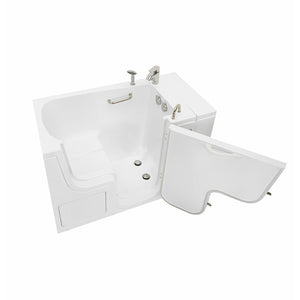 Ella Wheelchair Transfer 32"x52" Acrylic Soaking Walk-In-Bathtub, Right Outward Swing Door, 2 Piece Fast Fill Faucet, 2" Dual Drain,  24” wide seat, 2 stainless steel grab bars, L-shape wheelchair transfer outswing door in a white background.
