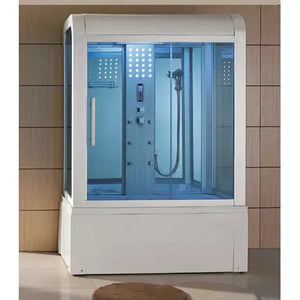 Mesa Yukon White Steam Shower WS-501 shown in bathroom with tan tiled wall.  the unit has a blue glass sliding door, a white roof, and a white base.