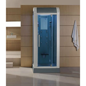 Mesa Steam Shower with chrome columns and hardware, a hinged door, and a fold-up seat, adjustable handheld shower head with tinted blue glass and an enclosed top