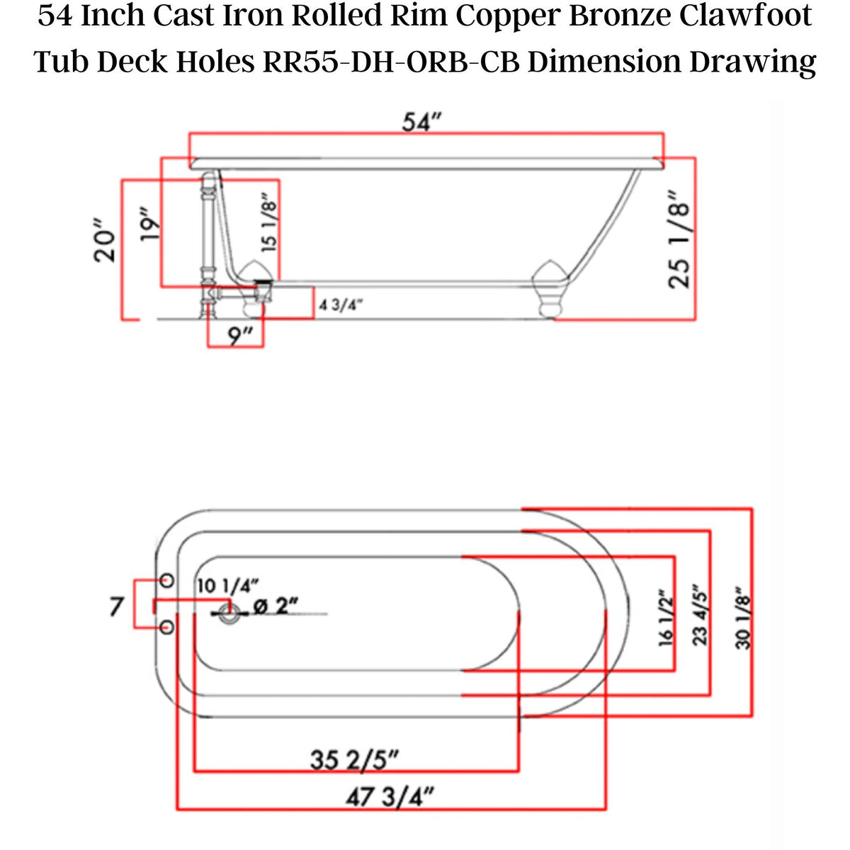 Cambridge Plumbing 55" X 30" Faux Copper Bronze Finish on Exterior Cast Iron Clawfoot Bathtub - Dimension Drawing - Vital Hydrotherapy