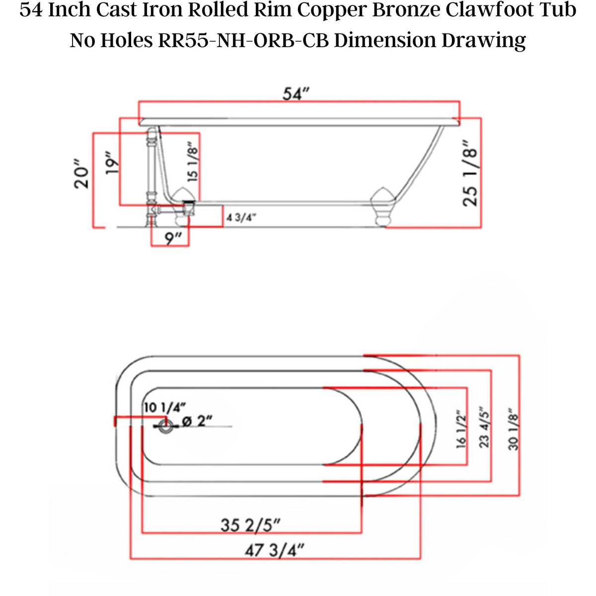 Cambridge Plumbing 55" X 30" Faux Copper Bronze Finish on Exterior Cast Iron Clawfoot Bathtub - Dimension Drawing - Vital Hydrotherapy