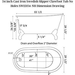 Cambridge Plumbing 54" X 30" Slipper Cast Iron Swedish Tub Dimension Drawing