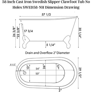 Cambridge Plumbing 58" X 30" Slipper Cast Iron Swedish Tub - Dimension Drawing - Vital Hydrotherapy