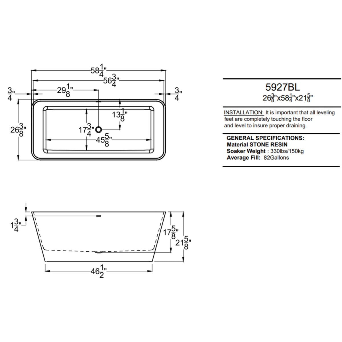 Atlantis Whirlpools Bealey 27 x 60 Artificial Stone Freestanding Bathtub 5927BLSXCWXX Dimension Drawing - Vital Hydrotherapy