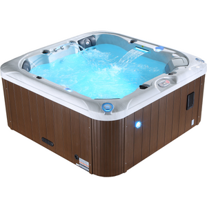 Canadian Spa Cambridge 6-Person 34-Jet Hot Tub - Acrylic - White inside - Brown outside - with adjustable hydrotherapy jets, LED lighting, bluetooth, waterfall, ozone, aroma, audio system - filled with water - KH-10141 - Vital Hydrotherapy