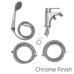 Pull out hand shower mixer with 5’ braided hose in chrome finish, Fast fill faucet and Two (2) 3/4” 5’ braided stainless-steel supply lines in a white background