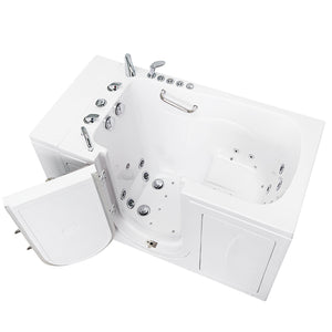Ella Capri 30"x52" Acrylic Hydro + Air (Dual) Walk-In Bathtub with Left Swing Door, 5 Piece Fast Fill Faucet, 2" Dual Drain, 2 overflows, two 5 ft. incoming supply lines and 2 drain elbows, 2 stainless steel grab bars in a white background.