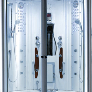 Mesa 608A Steam Shower with 2 handheld shower wands, massage jets, programmable LCD control panel and sliding glass door