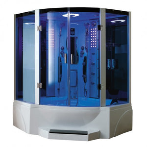 Mesa 608P Steam Shower blue-tinted glass and heavy-duty hinged doors with 2 adjustable handheld shower wands, storage shelves and a fluorescent blue mood lighting