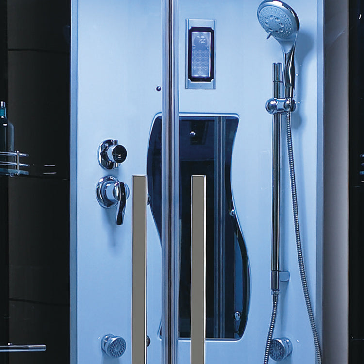 Mesa 609P Steam Shower tempered blue glass with adjustable handheld showerhead, massage jets, adjustable temperature and time control, storage shelves and a fluorescent blue mood lighting