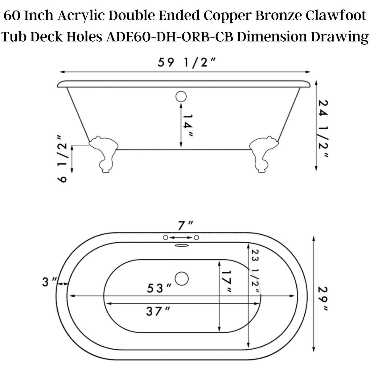 Cambridge Plumbing Slipper Hand Painted Acrylic Clawfoot Bathtub  - Dimension Drawing - Vital Hydrotherapy