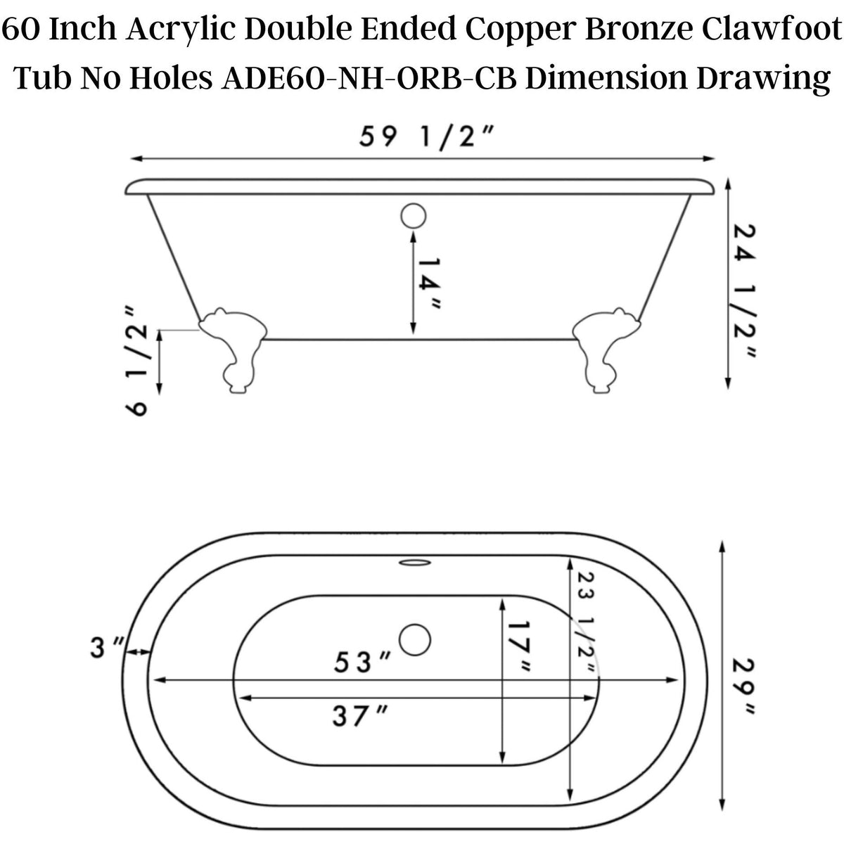 Cambridge Plumbing Slipper Hand Painted Acrylic Clawfoot Bathtub  - Dimension Drawing - Vital Hydrotherapy