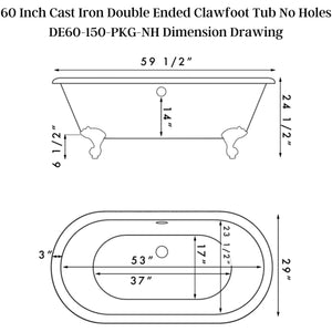 Cambridge Plumbing 60-Inch Double Ended Cast Iron Clawfoot Soaking Tub Dimension Drawing
