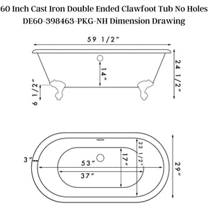 Cambridge Plumbing 60-Inch Double Ended Cast Iron Soaking Clawfoot Tub Dimension Drawing