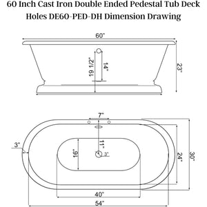 Cambridge Plumbing 60-Inch Cast Iron Pedestal Soaking Tub Dimension Drawing