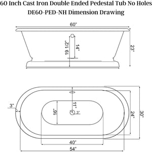 Cambridge Plumbing 60-Inch Cast Iron Pedestal Soaking Tub Dimension Drawing