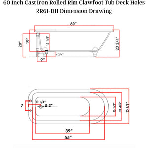 Cambridge Plumbing 60" X 30" Rolled Rim Cast-Iron Clawfoot Tub Dimension Drawing