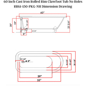Cambridge Plumbing 60-Inch Rolled Rim Cast Iron Soaking Clawfoot Tub Dimension Drawing