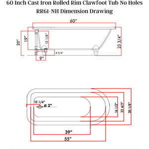 Cambridge Plumbing 60" X 30" Rolled Rim Cast-Iron Clawfoot Tub Dimension Drawing