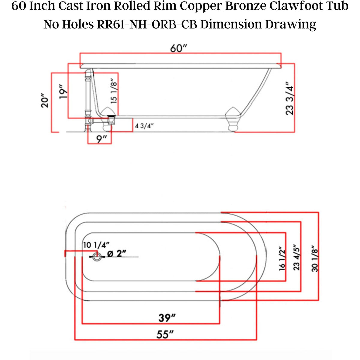 Cambridge Plumbing 61" X 30" Faux Copper Bronze Finish on Exterior Cast Iron Clawfoot Bathtub - Dimension Drawing - Vital Hydrotherapy