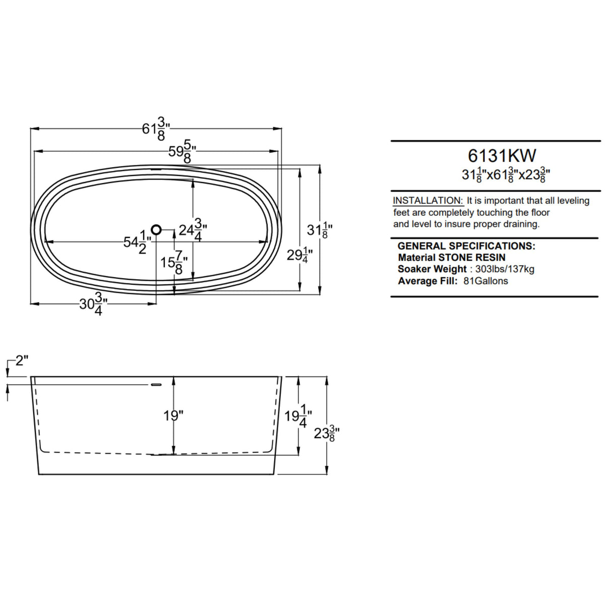 Atlantis Whirlpools Kurow 32 x 62 Artificial Stone Freestanding Bathtub 6131KWSXCWXX Dimension Drawing - Vital Hydrotherapy