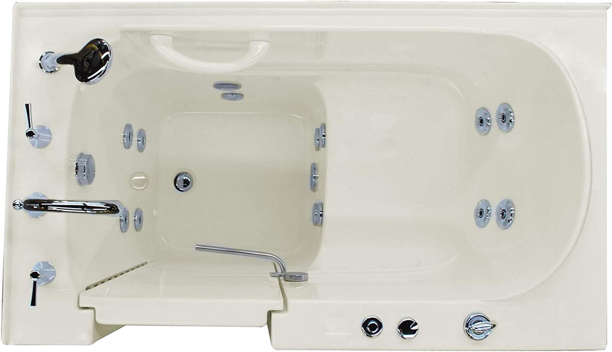Meditub top view showing drain and other features such as jets, door handle, faucet, and hand shower