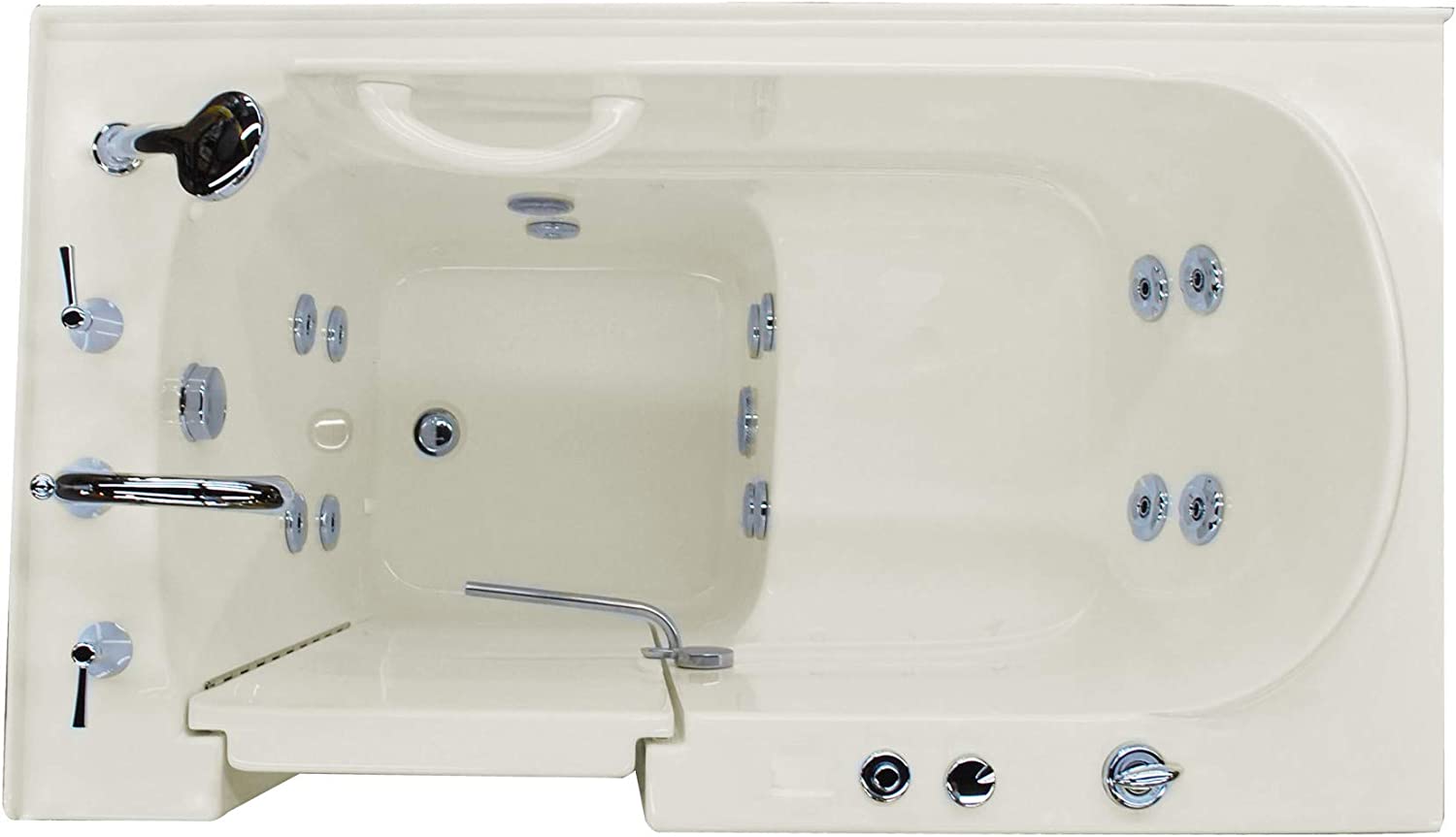Meditub top view showing drain and other features such as jets, door handle, faucet, and hand shower