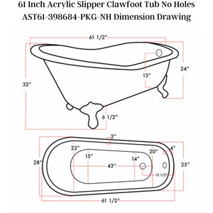 Cambridge Plumbing 61-Inch Slipper Acrylic Soaking Clawfoot Tub Dimension Drawing