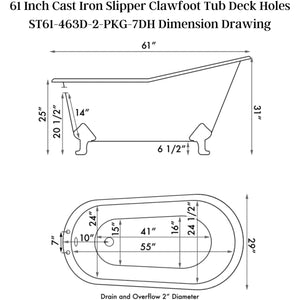 Cambridge Plumbing 61-Inch Cast Iron Slipper Clawfoot Tub Dimension Drawing