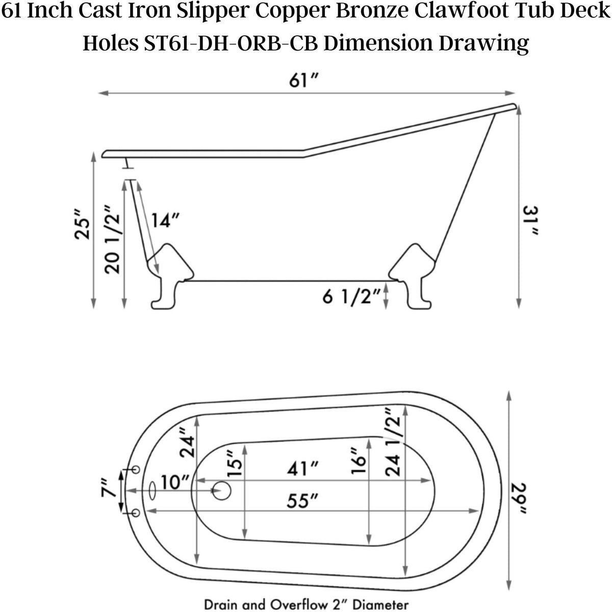 Cambridge Plumbing 61" X 30" Faux Copper Bronze Finish on Exterior Cast Iron Clawfoot Bathtub - Dimension Drawing - Vital Hydrotherapy