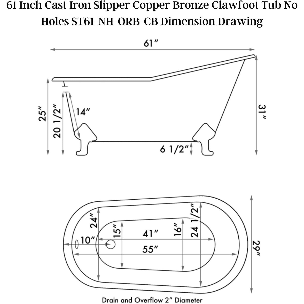 Cambridge Plumbing 61" X 30" Faux Copper Bronze Finish on Exterior Cast Iron Clawfoot Bathtub - Dimension Drawing - Vital Hydrotherapy