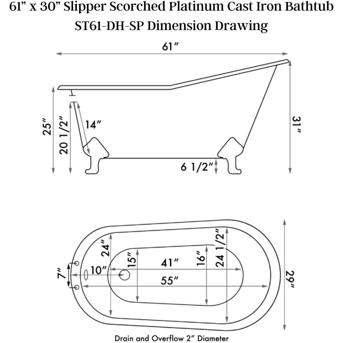 Cambridge Plumbing 61” x 30” Slipper Scorched Platinum Cast Iron Bathtub - Dimension Drawing - Vital Hydrotherapy