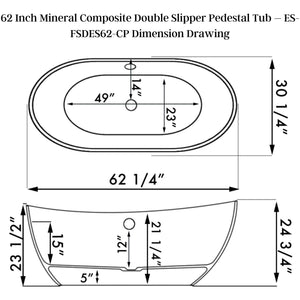 Cambridge Plumbing 62-Inch Double Slipper Engineered Stone Freestanding Soaking Tub Dimension Drawing