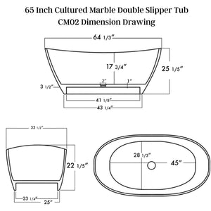 Cambridge Plumbing 65-Inch Double Ended Cultured Marble Pedestal Tub - Dimension Drawing - Vital Hydrotherapy