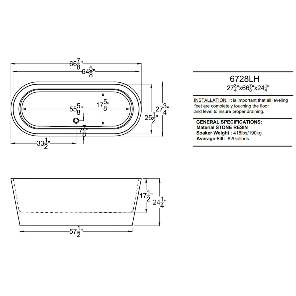 Atlantis Whirlpools Leith 28 x 67 Artificial Stone Freestanding Bathtub - Dimension Drawing - 6728LHSXCWXX - Vital Hydrotherapy