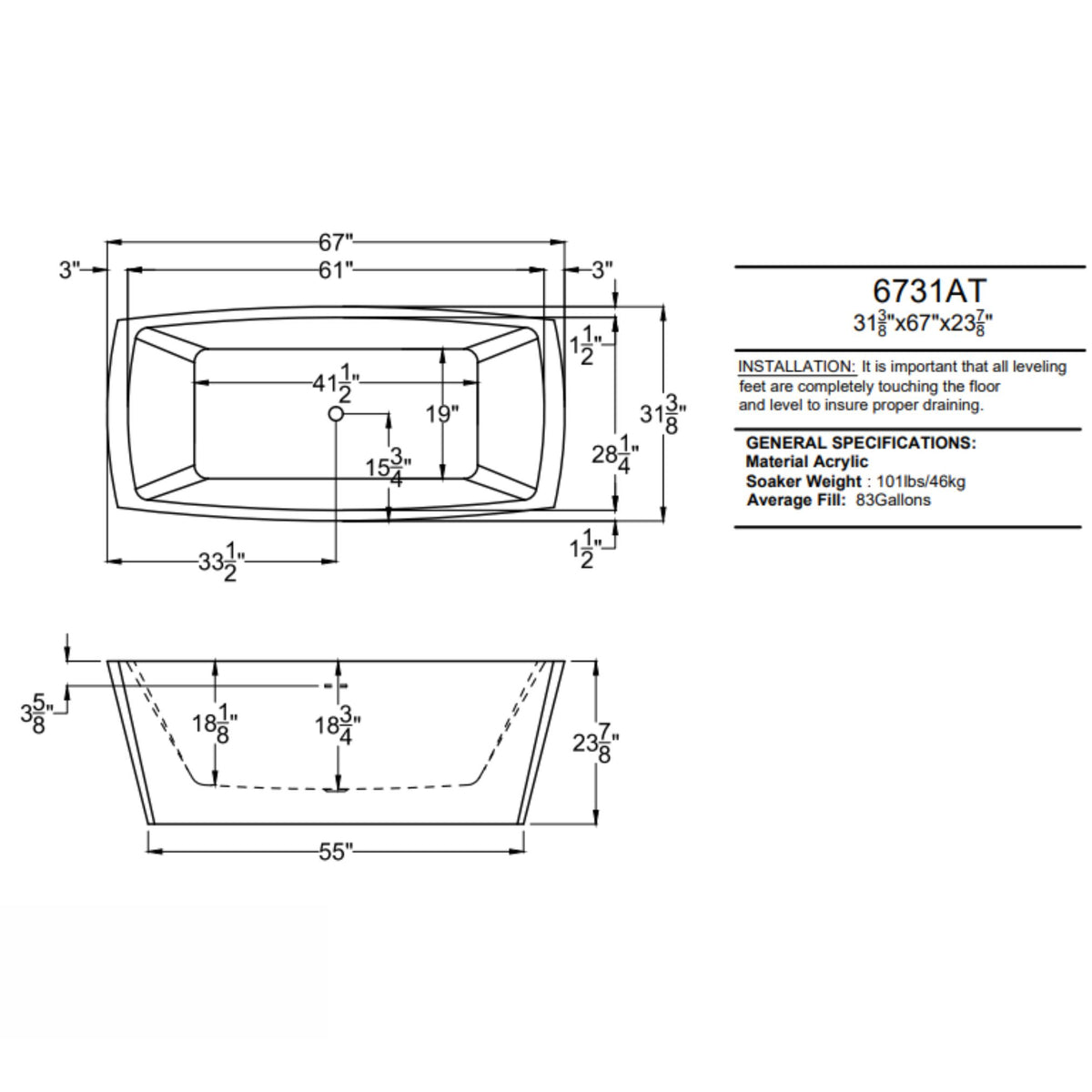 Atlantis Whirlpools Antione 32 x 67 Rectangle Acrylic Freestanding Soaking Bathtub 6731ATSXCWXX Dimension Drawing - Vital Hydrotherapy