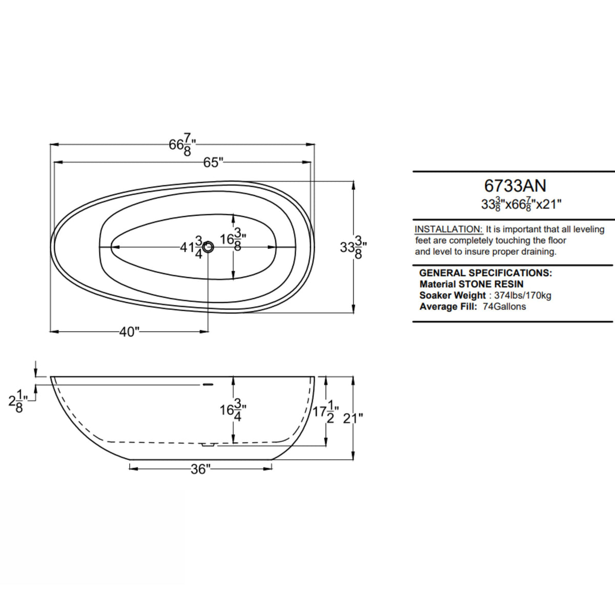 Atlantis Whirlpools Arnaud 34 x 67 Artificial Stone Freestanding Bathtub 6733ANSXCWXX Dimension Drawing - Vital Hydrotherapy
