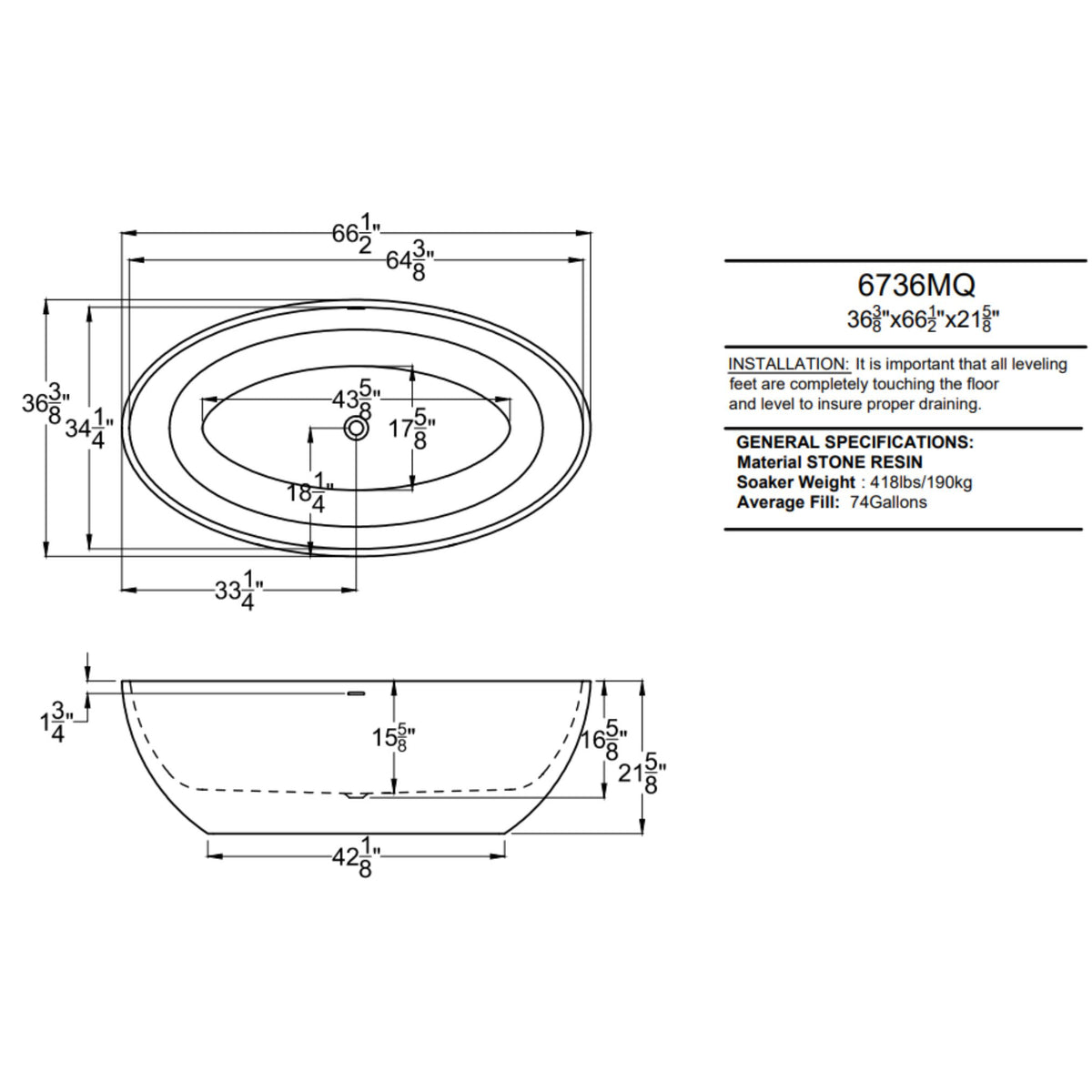 Atlantis Whirlpools Marquis 37 x 67 Artificial Stone Freestanding Bathtub 6736MQSXCWXX Dimension Drawing - Vital Hydrotherapy