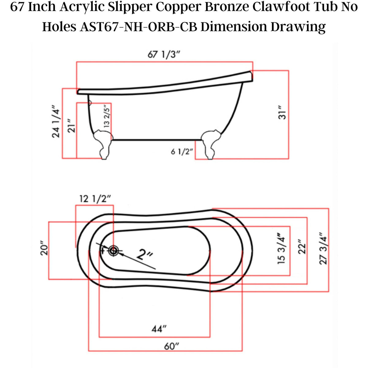 Cambridge Plumbing Slipper Hand Painted Copper Bronze Acrylic Clawfoot Bathtub - Dimension Drawing - Vital Hydrotherapy